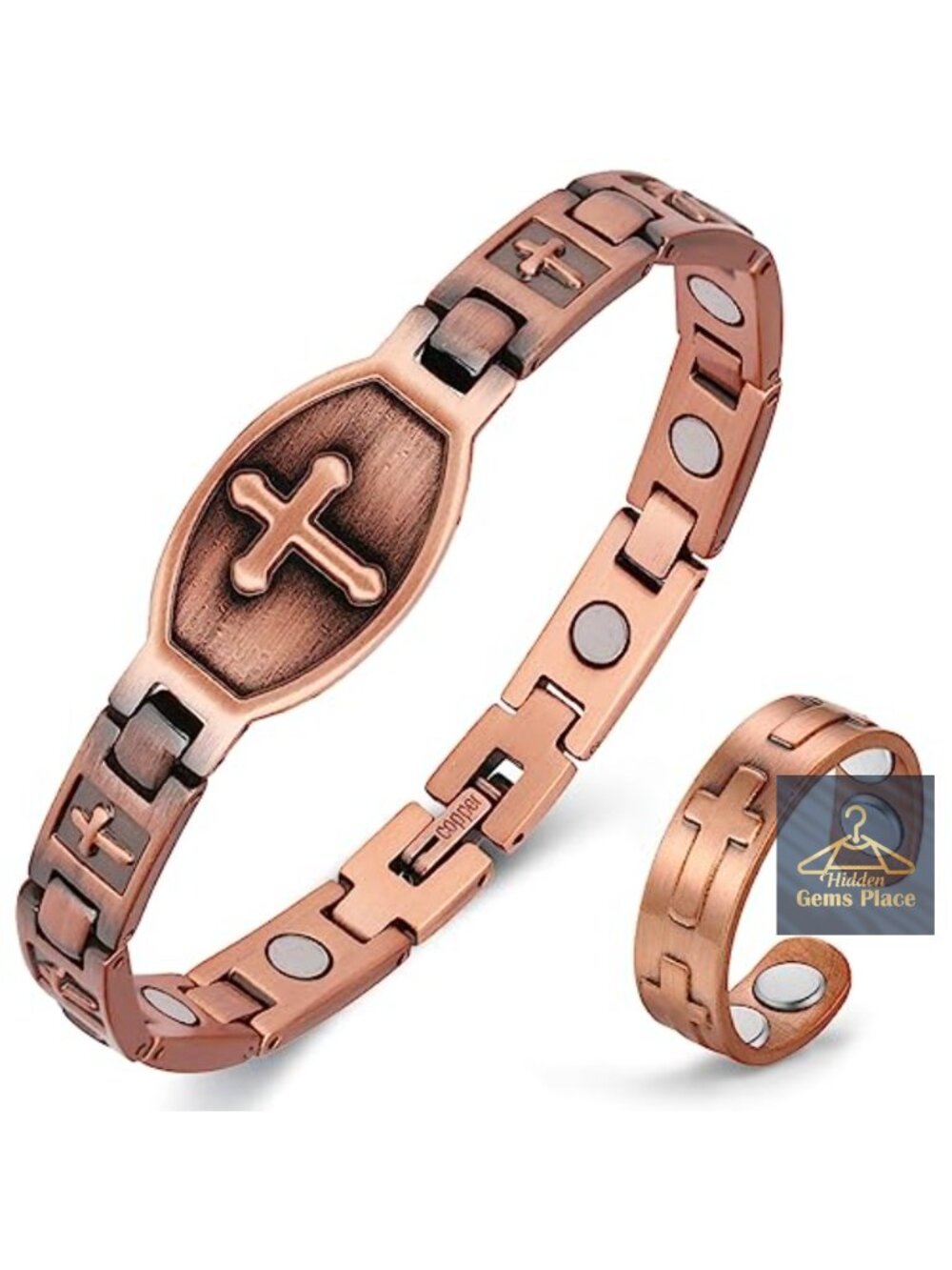 Cross Adjustable Copper Magnetic Bracelet with Ring, Sizing Tool, Gift Box